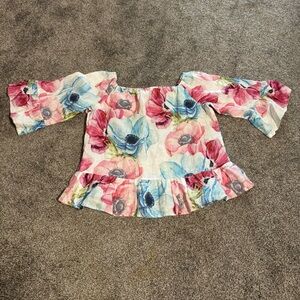 Idillio Positano Women Medium Italian Linen Floral Ruffle Bell Sleeve Blouse EUC